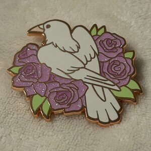 Rose Crow Glitter Pastel White Enamel Pin by Corviforms